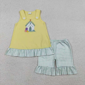 Conjunto de Ropa para Bebés y Niños Pequeños con Bordado de Cruz de Iglesia, Top Romper y Pantalones Cortos a Cuadros - Product Image 2