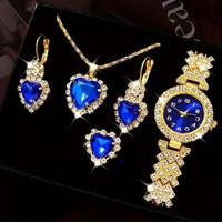 Ensemble de bijoux de luxe pour femmes, 4 pièces, montre à quartz, zircon, or rose, Diwali, Eid, Ramadan, boucles d'oreilles, collier, bague, sur mesure
