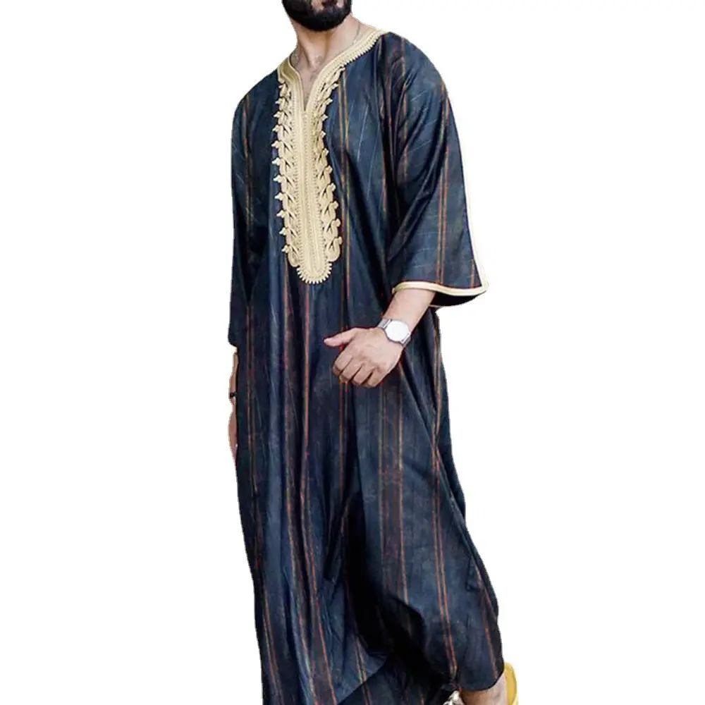 Dubai İslami giyim Abaya jalabiya erkekler müslüman giyim arap elbise işlemeli şerit thobe qamiis müslüman elbise erkekler