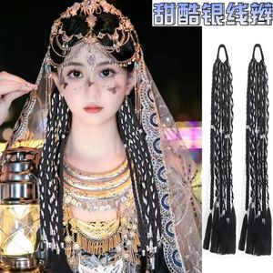 Peluca trenzada étnica tibetana Miao, rastas largas con hilo plateado, extensión de cabello tipo cola de caballo para mujeres, accesorios de estilo étnico. - Product Image 5