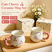 Mug à café en céramique personnalisé à motif cerise avec poignée perlée rose, boîte cadeau, fournisseur en gros OEM ODM