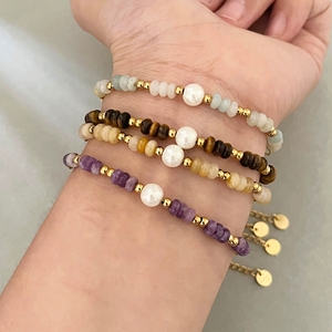 Wholesale <b>Tiger</b> <b>Eye</b> Stone & Simulated Pearl <b>Bracelet</b>, Stainless Steel Beaded Chain, Minimalist Dainty Jewelry for Women - Product Image 3