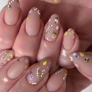 Flores coloridas dibujadas a mano <span class=keywords><strong>de</strong></span> alta calidad, <span class=keywords><strong>Uñas</strong></span> postizas artificiales, arte <span class=keywords><strong>de</strong></span> almendra esmerilada Rosa dulce, puntas cortas, <span class=keywords><strong>uñas</strong></span> artificiales - Product Image 4