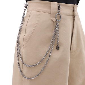 European American Retro Punk Style Double Layer Metal Waist Chain Gunmetal <b>Skull</b> Pendant Pants Chain Daily Wear Street Accessory - Product Image 2