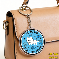 Porte-clés Just Me & My Silly Little Crafts, breloque ronde en acrylique bleue avec chat blanc, fil à tricoter, ciseaux, pendentif mignon pour loisirs créatifs DIY