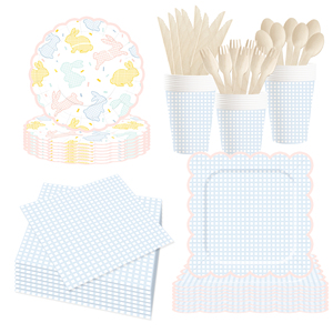 DAMAI Easter Party Theme Decor Bulk Wholesale Set Blue Check Easter Rabbit Paper Plates <b>Tablecloth</b> Party Disposable Tableware - Product Image 3