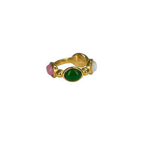 Fashion <b>Ring</b> 316L Stainless Steel PVD <b>Gold</b> Plating Green Stone Pink White Accents Sustainable Resistant Design - Product Image 1