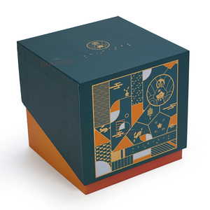 Caja Mooncake de cartón creativa de lujo con diseño de cajón giratorio verde y naranja estampado en caliente embalaje de regalo de vacaciones - Product Image 1