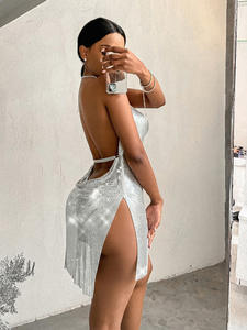 فستان معدني بدون ظهر للنوادي الليلية، مزين بالترتر، بحمالات وياقة على شكل V، مع شق، بدون أكمام، فضفاض، مضاد للكهرباء الساكنة - Product Image 4