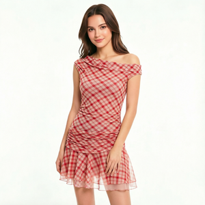 Robe mini respirante à imprimé écossais et taille empire pour femme, asymétrique à une épaule, froncée - Style vintage doux pour l'été ODM - Product Image 5