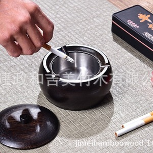 Cendrier en bambou avec couvercle, rond, en ébène, grande taille, pour le bureau, la maison, le salon - Product Image 3