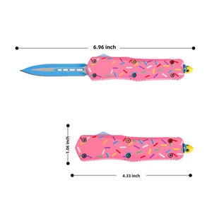 سكين جيب تكتيكي OK-1825 ميكرو تك مخصص للتخييم والبقاء على قيد الحياة في الهواء الطلق، بشفرة فولاذية 2.63 بوصة ومقبض وردي على شكل دونات، بآلية حركة مزدوجة - Product Image 3