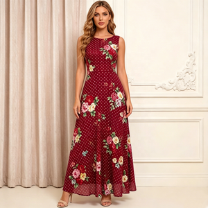 Abito da sera <span class=keywords><strong>bordeaux</strong></span> floreale con pois, modello a trapezio, maxi, scollo rotondo, senza maniche, lunghezza al pavimento, per ballo di fine anno o feste - Product Image 4