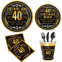 Vaisselle de fête pour le 40e anniversaire, toute neuve, décoration de fête noire et dorée, assiettes en papier jetables, gobelets, serviettes en papier