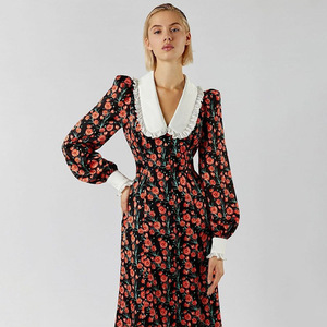 Abito Lungo Vintage Elegante Stile Designer con Stampa, Colletto <span class=keywords><strong>Peter</strong></span> Pan, Vita Alta e Vestibilità Slim - Novità - Product Image 4