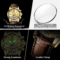 Montre mécanique automatique de luxe Poedagar 1418 pour homme, dorée, en cuir, avec tourbillon ajouré, étanche et lumineuse