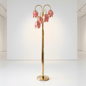 Lampe sur pied à 5 têtes en forme de lotus rose, avec support en métal doré, abat-jour en verre rose en forme de pétale, lumière romantique pour salon et chambre à coucher - Product Image 1