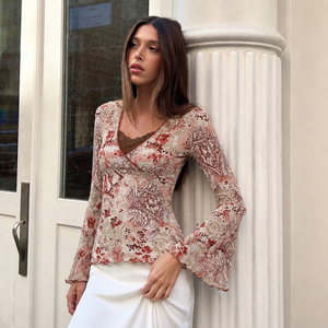 Women's <b>Y2K</b> Vintage Print Knitted Long Sleeve T-<b>Shirt</b> Lace Trim V-Neck Sheer Flared Sleeve Bohemian Style Blouse Top - Product Image 2