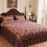 Parure de lit de luxe style coréen en pur coton doux et ondulé, jupe de lit princesse, taies d'oreiller, motif floral, kit quatre pièces