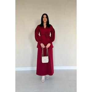 Elegante Conjunto de Traje para Mujer Color Borgoña, Satinado, Manga Larga, Dos Piezas, Ropa Formal, 100% Poliéster Ecológico - Product Image 5