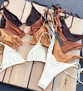 2023 yaz moda özel kadınlar iki parçalı seksi dize tanga Halter katı renk klasik mikro bikini seti artı boyutu mayo