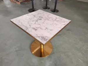 Commercial Grade Marble Top Square Shape Dining Table Golden Stainless Steel Base Cafe Shop Restaurant Dining Table