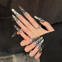 Ongles artificiels pleine couverture forme amande, style Nail Art Dark Gown Silver Magic Mirror French, haut de gamme, Punk Gothique, Dark Hot Girl