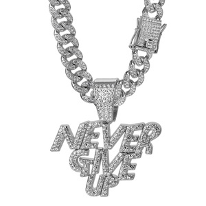 Collana a catena a maglie cubane in stile euro-americano, nuova, hip hop, in lega di zinco dorata, con ciondolo in lega e diamanti incastonati, design unico 'Never Give Up' - Product Image 6