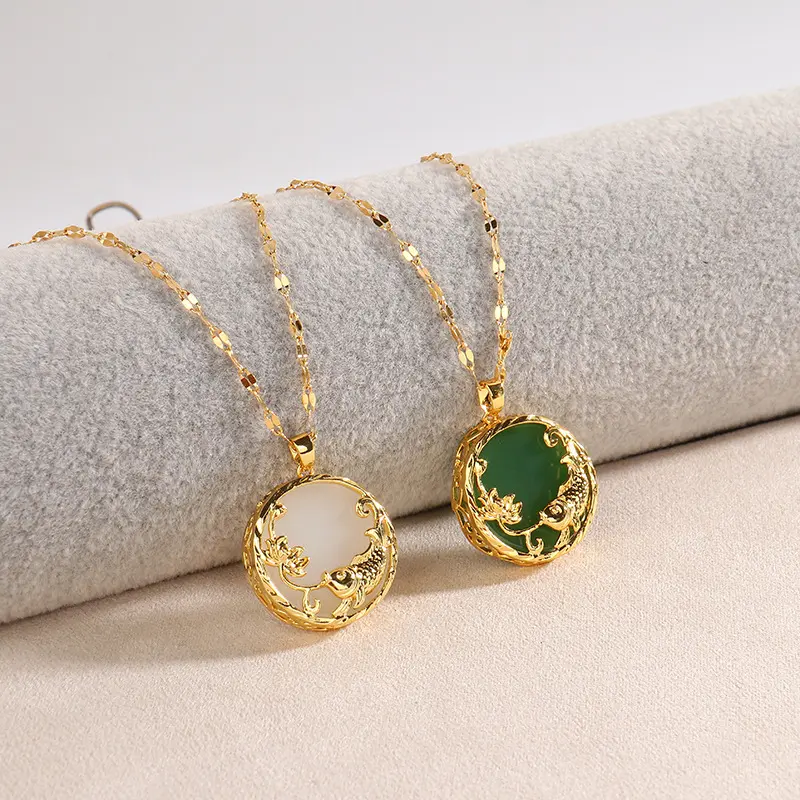 Shangjie Round 18K Gold Titanium Steel Gemstone Jade Pendant Necklace Chinese Style Lucky Fish Natural Jade Necklace for Friend