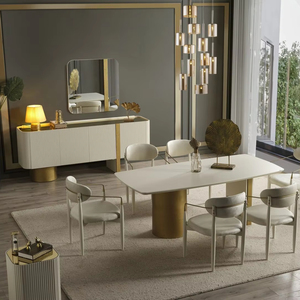 Juego de <span class=keywords><strong>mesa</strong></span> de comedor y comedor Rectangular de lujo de alta gama con pintura dorada y blanca de alto brillo y aparador - Product Image 1