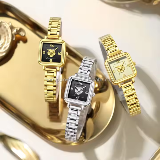 Luxury Antique Women's Quartz Wrist Watch Alloy Stainless Steel Gold Flower 3Bar Water Resistant Square Glass Crystal Pointer