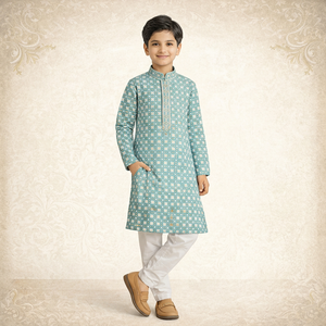 <b>Boys</b> Rayon Sequence <b>Kurta</b> Pajama Set Teal Green Ethnic Festive Wedding Wear Kids Indian Clothing 0-14 Years Wholesale - Product Image 1