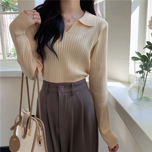 Women's Ribbed Polo Collar Knit Top Apricot Long Sleeve Solid Color Sweater Autumn Winter Inner Layer High End Base Layer - Product Image 1