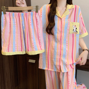 Conjunto de Pijamas Lijia Sweet Girl em Algodão Nuvem Respirável, Roupa de Três Peças com Manga Curta, Pijamas Listrados para Mulheres - Product Image 3