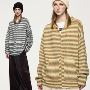 <span class=keywords><strong>Pull</strong></span> à fermeture éclair en maille lâche à rayures <span class=keywords><strong>pastel</strong></span> pour <span class=keywords><strong>femme</strong></span>, de haute qualité, 400 GSM, logo personnalisé, hiver, décontracté, streetwear quotidien, épais - Product Image 1