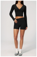 Ensemble de shorts de yoga à manches longues en Spandex/Nylon, col en V, couleurs unies, respirant, écologique, léger, séchage rapide, grandes tailles, OEM/ODM