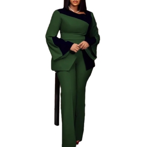 Elegante Traje de Pantalón Largo con Cintura Elástica y Mangas Largas con Diseño de Bloques de Color para Mujer - Product Image 2