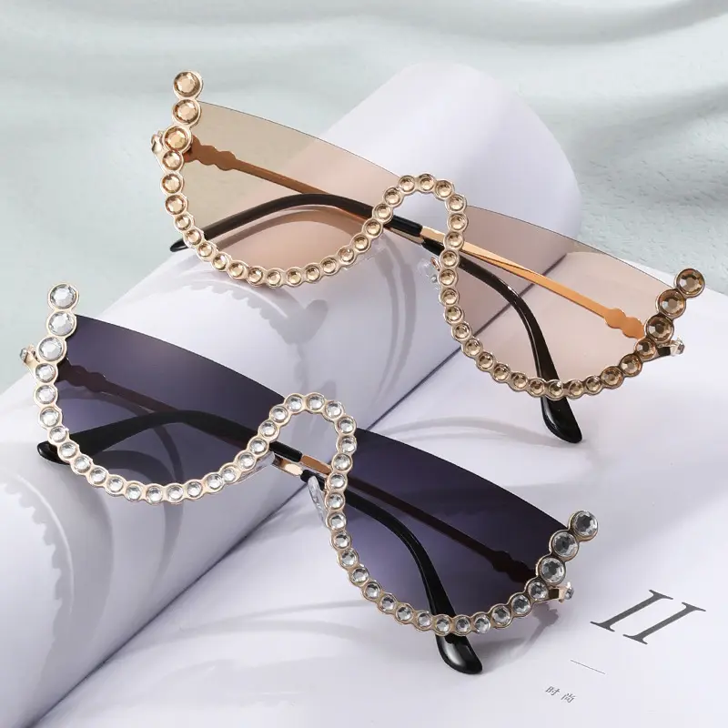 Популярные онлайн-солнцезащитные очки в европейском и американском стиле, инкрустированные бриллиантами, модные полуоправы с кошачьим глазом