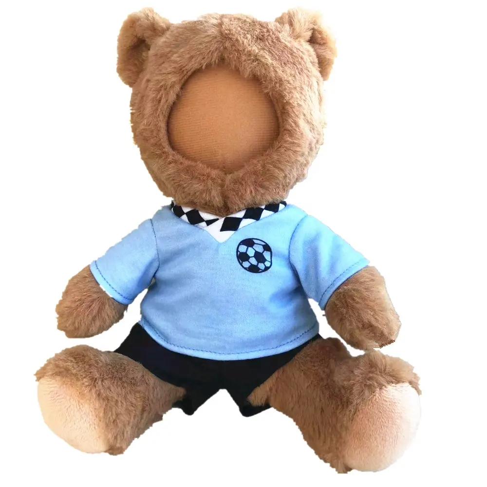 Animal en peluche photo visage ours en peluche avec uniforme de football amovible personnalisé 3d visage poupée en peluche cadre photo
