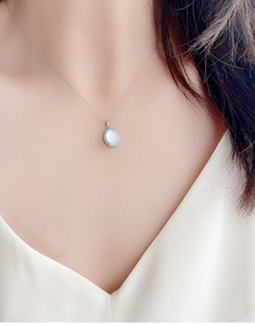 S925 Sterling Silver Oval White <b>Opal</b> Halo Pendant <b>Necklace</b> Dainty CZ Accent Vintage Engagement Wedding Rhodium Plated Jewelry - Product Image 4