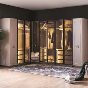 Custom Modern L-Shaped Corner <b>Wardrobe</b> with <b>Wooden</b> Glass Doors Floor Mount Installation for Home Bedroom Storage Furniture - Product Image 4