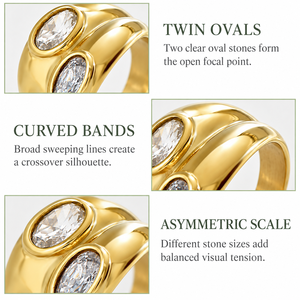 Bague double ovale dorée avec pierres, bande large sculptée croisée, bijou moderne et audacieux - Product Image 3