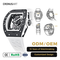 Montre Tourbillon Homme CRONUSART Personnalisée avec Logo, Fibre de Carbone, Boîtier Tonneau, Squelette, Automatique, Réserve de Marche