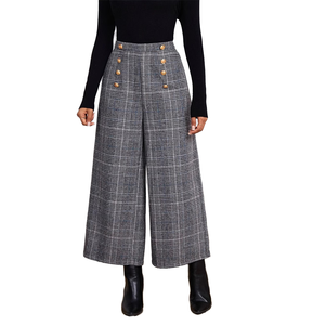 Elegant Women's High-Waist Wide Leg Plaid <b>Wool</b> <b>Pants</b> With Gold Buttons Ankle-Length Loose Fit Autumn Style - Product Image 1