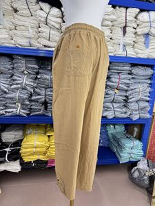 Women's Thin Cotton <strong>Linen</strong> Casual Pants High Waist Drawstring Lace Trim <strong>Cropped</strong> <strong>Trousers</strong> with Pockets and Buttons - Product Image 5