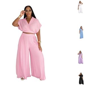 Conjunto de Top Corto de Verano / Pantalones Anchos de Cintura Alta con Cuello, Diseño de Solapa Bonita, Tejido de Punto Informal de Longitud Corta - Product Image 1