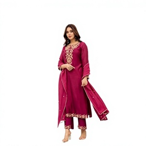 Conjunto de Kurta Moderna para Mujer, Largo hasta el Tobillo, con Bordado Floral y Dupatta, Estilo Informal de India y Pakistán, de Secado Rápido, para Bodas y Fiestas - Product Image 1