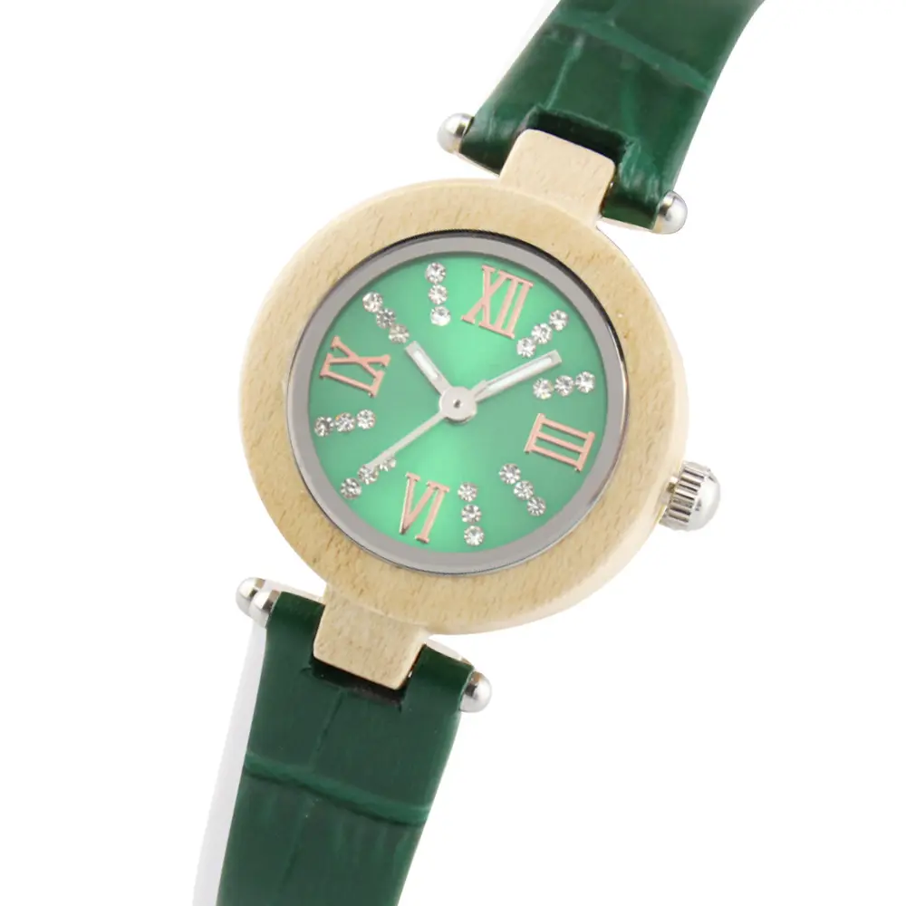 Fashion Leather Strap Ladies Casual Quartz Watch Diamond Dial Small Size 25mm Women Wooden Quartz Watches Without Logo In Stock