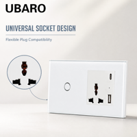 UBARO 146 Temperli Cam Dokunmatik Anahtarlı Evrensel Duvar Prizi USB A Tip C 5V 2100mA Portlu Duvar Güç Çıkışı Ev ve Otel İçin