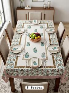 Hand Block Printed 100% Cotton Modern Floral <b>Dining</b> <b>Table</b> <b>Cover</b> with Napkins for 8 Seater - Product Image 3